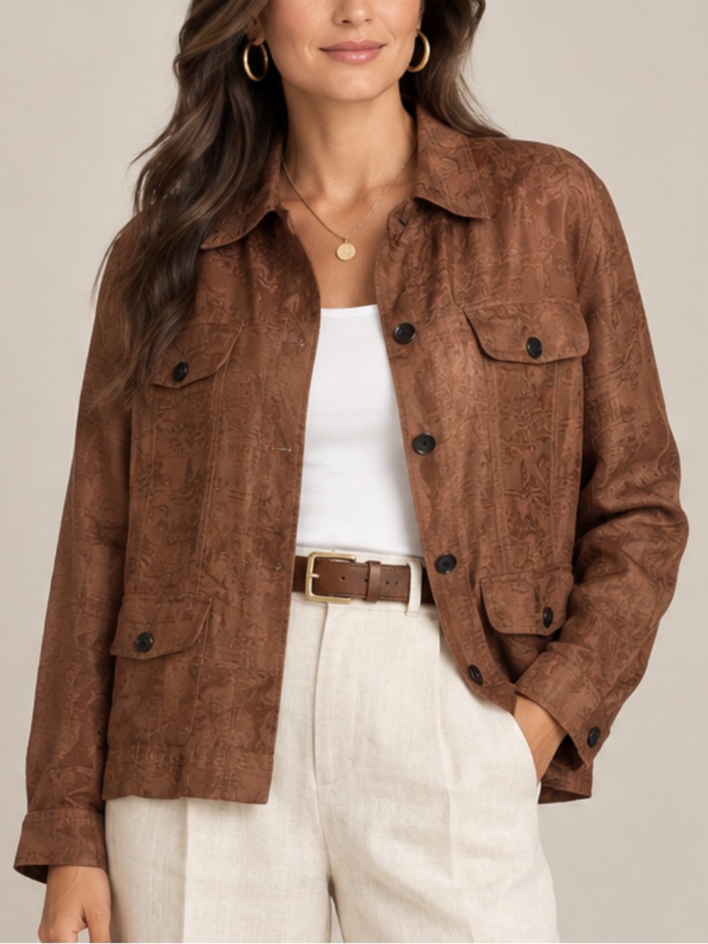 Chico’s Silk Linen Printed Utility Jacket Size 2 Large Brown Button Front Layer